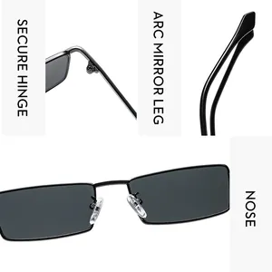 Detail of square metal sunglasses featuring secure hinges and comfortable nose pads