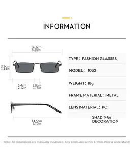 Detailed size chart for retro rectangular metal frame sunglasses with precise measurements
