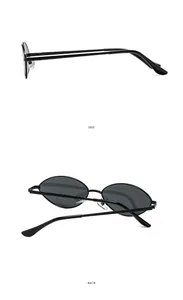 Side and back view of retro oval sunglasses featuring thin black metal frames and dark lenses