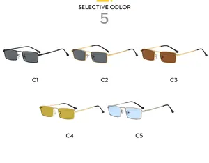 Selective color display of five rectangular metal frame sunglasses on a white background