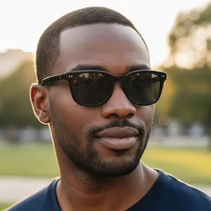 Lunettes de soleil carrées noires avec rivets portées sous une lumière naturelle