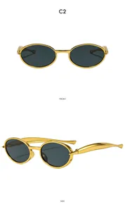 Vues de face et de côté des lunettes de soleil ovales vintage en métal doré