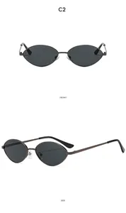Front and side views of vintage gunmetal oval sunglasses with dark grey lenses