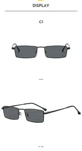 Front and side view of classic vintage black rectangular metal sunglasses with dark lenses