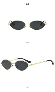 Front and side views of vintage gold metal oval sunglasses with black lenses and model C3