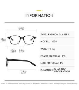 Detailed size chart for kids square frame blue light glasses showing precise dimensions
