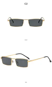 Detail of vintage gold metal rectangle sunglasses with black lenses from front and side views