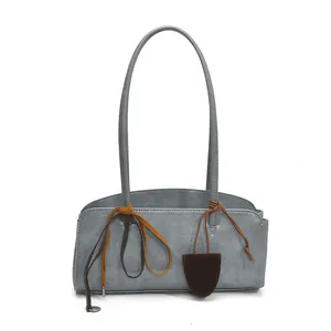 Sac à bandoulière plissé bleu-gris pour femme avec nœud décoratif marron de style rétro