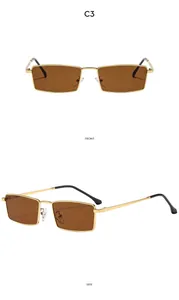 Front and side view of gold metal rectangle sunglasses with brown lenses and black temple tips