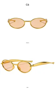 Vues de face et de profil de lunettes de soleil ovales en métal doré avec verres orange