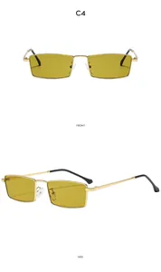 Front and side view of vintage gold metal square frame sunglasses with yellow lenses