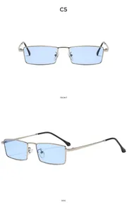 Front and side view of silver vintage rectangular sunglasses with light blue lenses