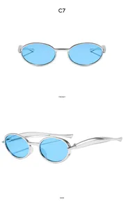 Vues de face et de profil de lunettes de soleil ovales à double pont avec verres bleus et métal