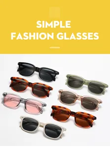 Vue détaillée de lunettes de soleil carrées stylées en plusieurs couleurs avec accents en métal