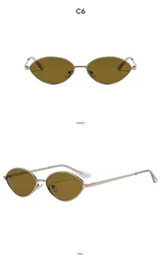 Front and side views of vintage oval silver metal sunglasses with amber tinted lenses