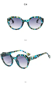 Détails de lunettes de soleil rondes en écaille avec verres dégradés violets, vues de face et côté