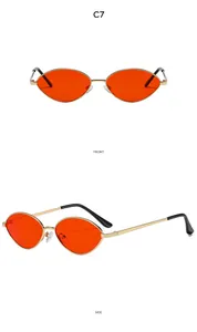 Front and side views of vintage oval gold metal sunglasses with orange lenses