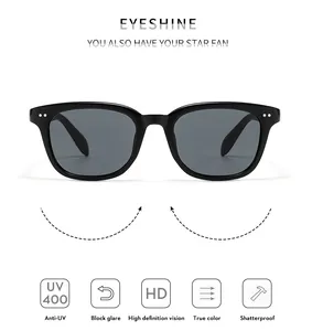 Détail de lunettes de soleil carrées noires avec rivets et verres de protection UV400