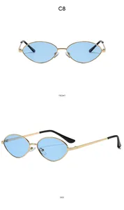 Detailed front and side views of oval sunglasses with gold metal frame and blue lenses