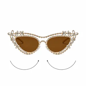 Detailed macro view of cat-eye metal sunglasses with luxury rhinestone floral patterns