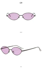 Front and side view of vintage oval sunglasses with purple lenses and grey metal frame