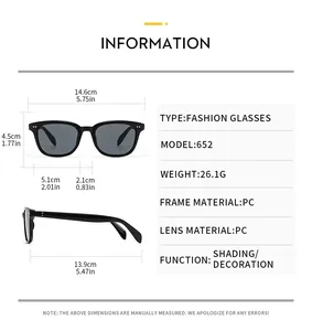 Tableau des tailles détaillé pour lunettes de soleil carrées rétro avec monture en PC