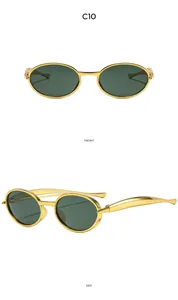 Vues de face et de côté des lunettes de soleil ovales en métal doré avec verres vert foncé