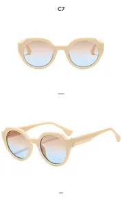 Vues de face et de côté de lunettes de soleil vintage beiges avec verres dégradés marron bleu