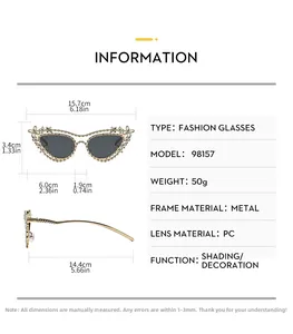 Detailed size chart for luxury butterfly frame sunglasses with metal frame and diamond decor