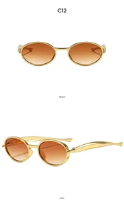 Vues de face et de profil de lunettes de soleil ovales à double pont avec monture dorée et dégradé