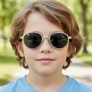 Kids vintage silver round metal sunglasses with black lenses for outdoor activities