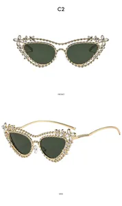 Front and side view of luxury cat-eye sunglasses with crystal floral metal frames