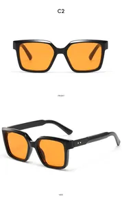 Front- und Seitenansicht der klobigen schwarzen quadratischen Sonnenbrille mit orangen Gläsern