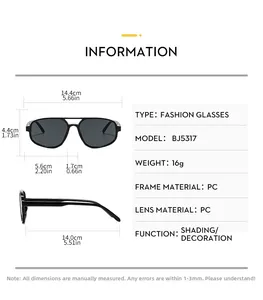 Detailed size chart for retro pilot sunglasses showing frame width and lens dimensions