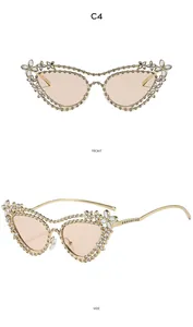 Front and side views of luxury cat-eye sunglasses with rhinestone edges and floral details