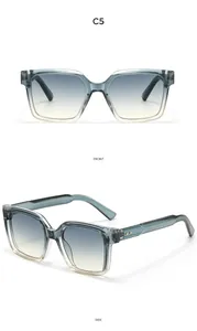 Front- und Seitenansicht der grauen quadratischen Sonnenbrille mit Verlaufsgläsern und Nieten