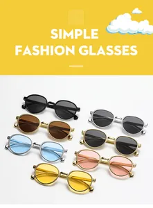 Detailed display of retro oval kids sunglasses with diverse color lenses and metal frames