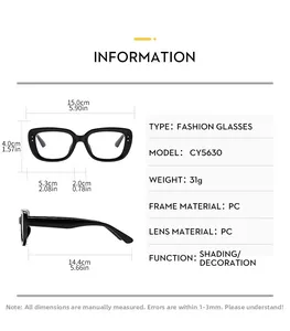 Detailed size chart for black square fashion glasses showing frame dimensions and weight