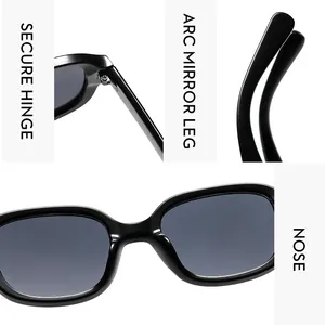Detailansicht der quadratischen Sonnenbrille mit Scharnieren und Bogenbügel-Design
