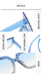 Détail de lunettes de soleil bleues Y2K avec strass et charnières métalliques robustes