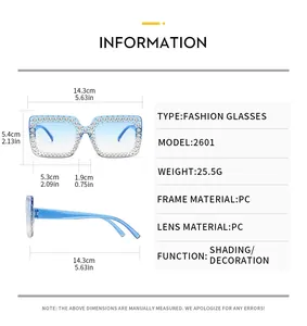 Dimensions détaillées des lunettes de soleil carrées Y2K ornées de strass