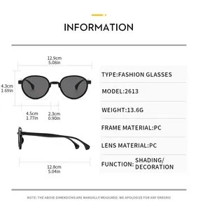 Detailed size chart for kids retro round sunglasses with precise PC frame dimensions