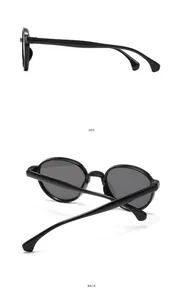 Detailed side and back views of retro round black sunglasses for children outdoors