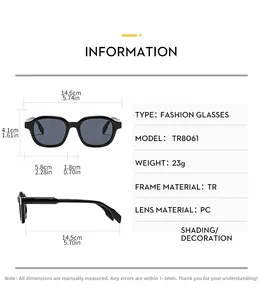 Detailed sizing chart and technical specifications for these square frame retro sunglasses