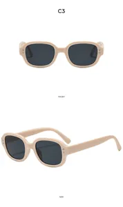 Vorder- und Seitenansicht der Retro-Quadrat-Sonnenbrille in Beige mit dunklen Gläsern