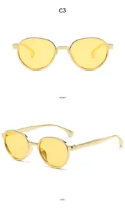 Front and side views of kids vintage round sunglasses with gold metal frame and yellow lenses