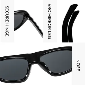 Détails de lunettes de soleil noires avec charnières renforcées et branches incurvées