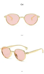 Front and side view of children's vintage round sunglasses with pink lenses and gold frame