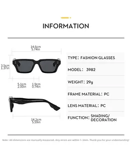 Size chart showing dimensions for square frame retro sunglasses with detailed measurements