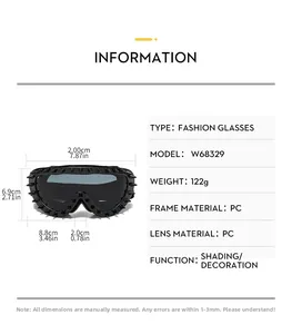 Detailed size chart of punk style oversized sunglasses with PC frame measurements